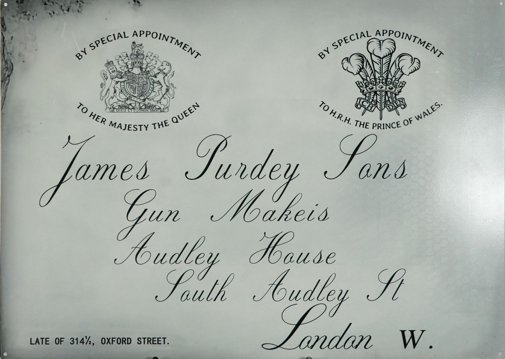 Reproduction James Purdey & Sons tin advertising sign, 70cm x 50cm