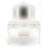 French style cream painted dressing table with triple aspect mirror and stool having swag and floral