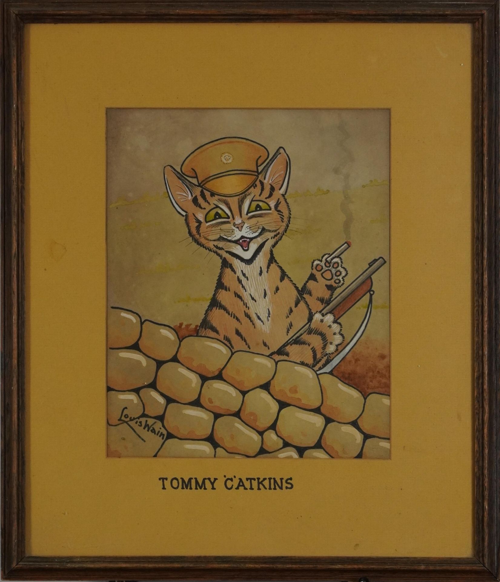 After Louis Wain - Cat wearing a military hat and holding a gun, comical mixed media inscribed Tommy - Image 3 of 10