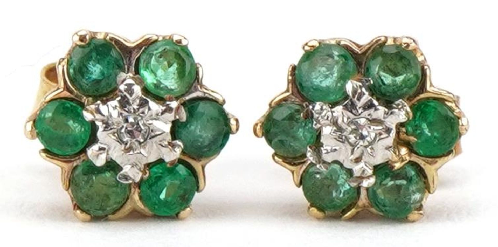 Pair of emerald and diamond cluster stud earrings, 8mm in diameter, 1.0g
