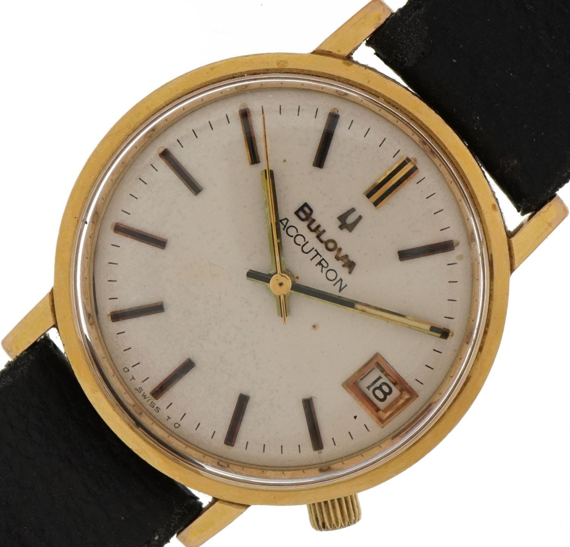 Bulova, gentlemen's gold Bulova Accutron wristwatch with date aperture housed in a Garrard & Co box,