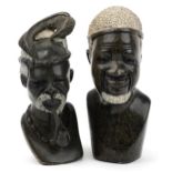 Pair of African carved green hardstone busts of tribesmen, each approximately 26cm high