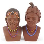 Zed Miyare, pair of Kenyan terracotta figures of tribespeople with beadwork, the largest 15.5cm high
