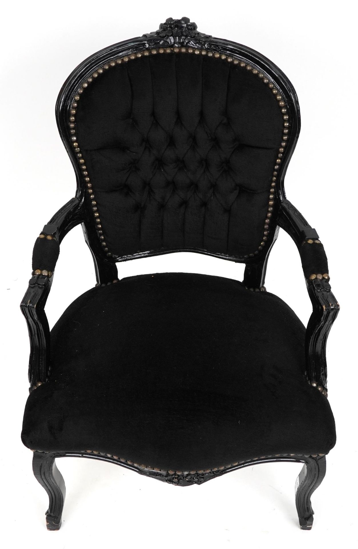 French style black painted elbow chair with button back upholstery, 92cm high - Image 3 of 4