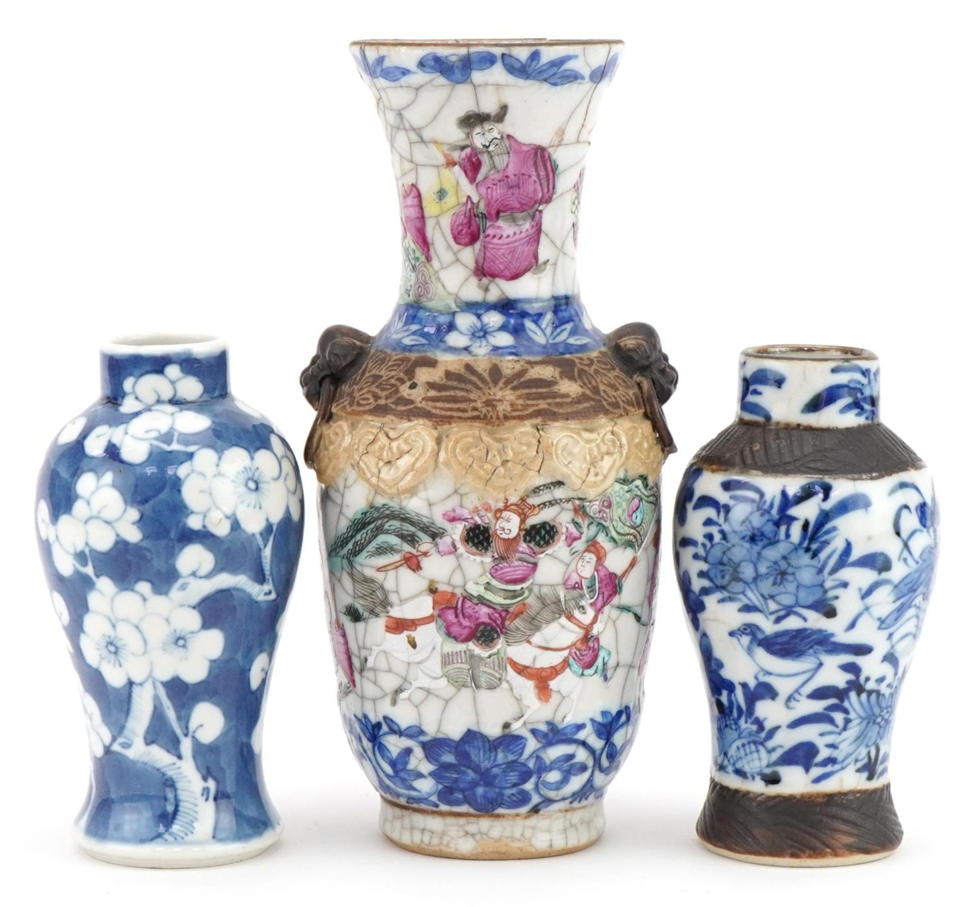 Three Chinese porcelain vases including two baluster examples, one hand painted with prunus flowers,