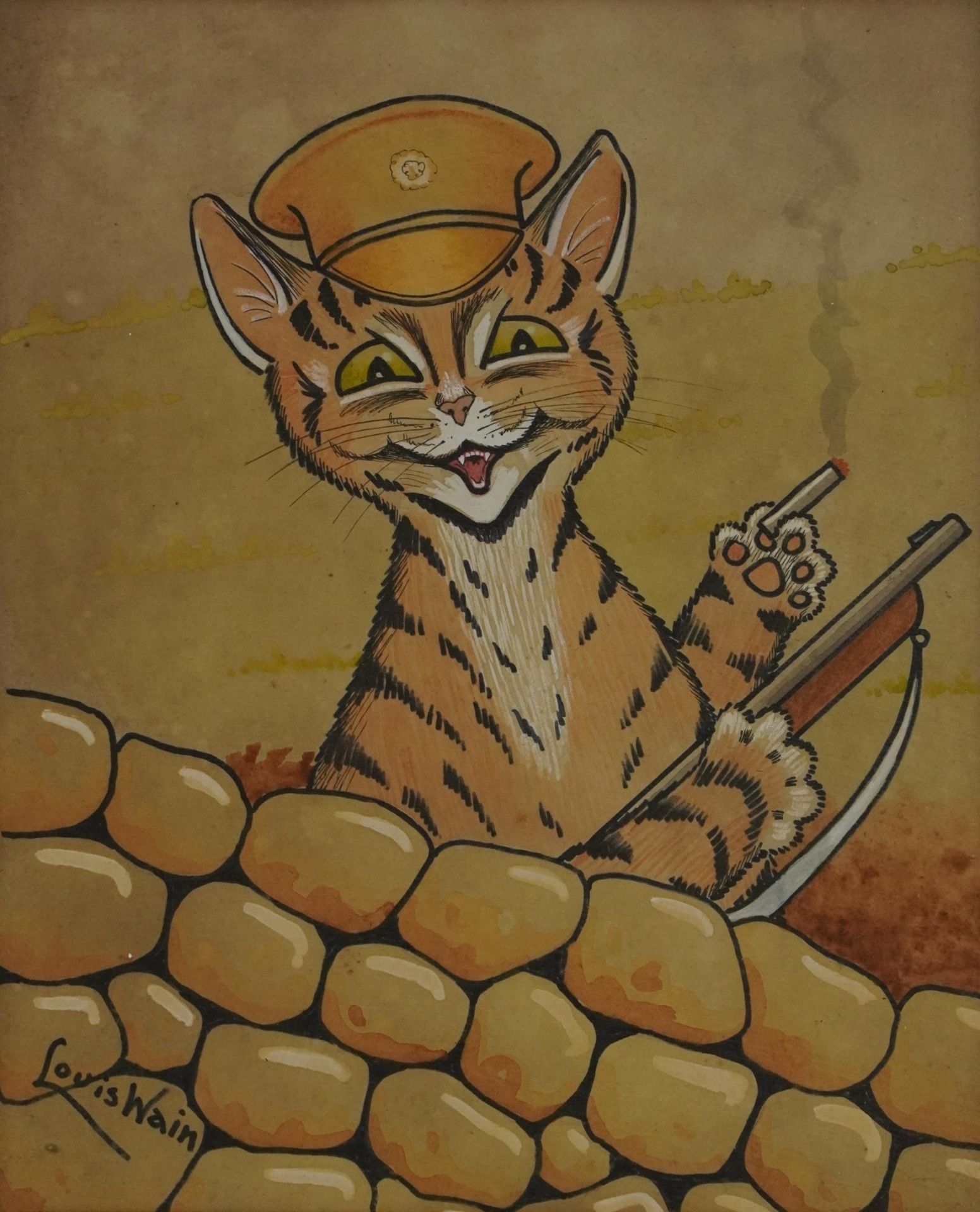 After Louis Wain - Cat wearing a military hat and holding a gun, comical mixed media inscribed Tommy