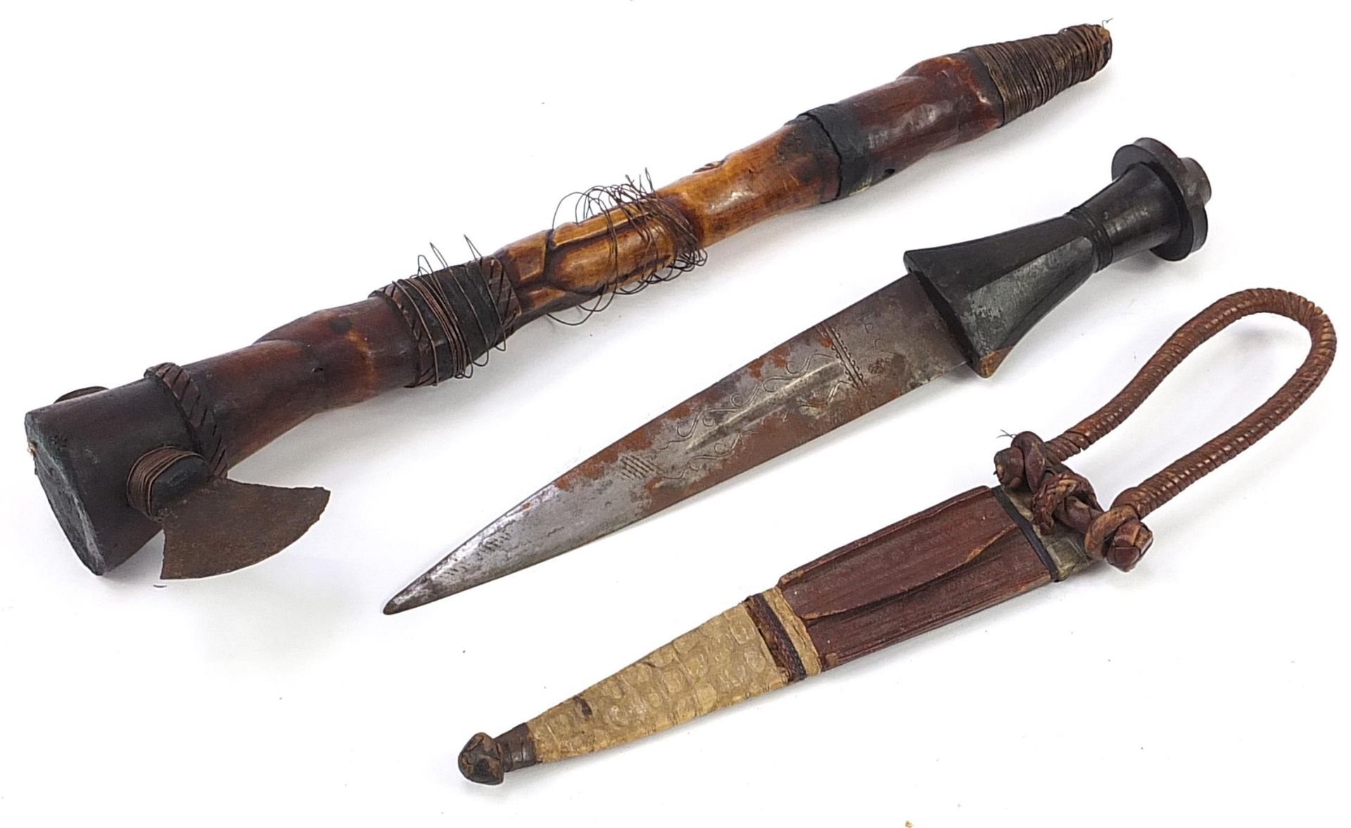 Tribal interest tomahawk with carved bone figural handle and a hunting knife with leather sheath and - Image 3 of 6
