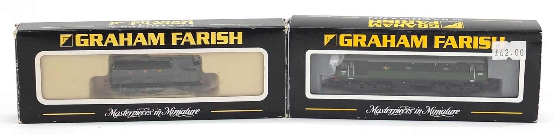 Two Graham Farish N gauge model railway locomotives with cases and boxes by Bachmann comprising