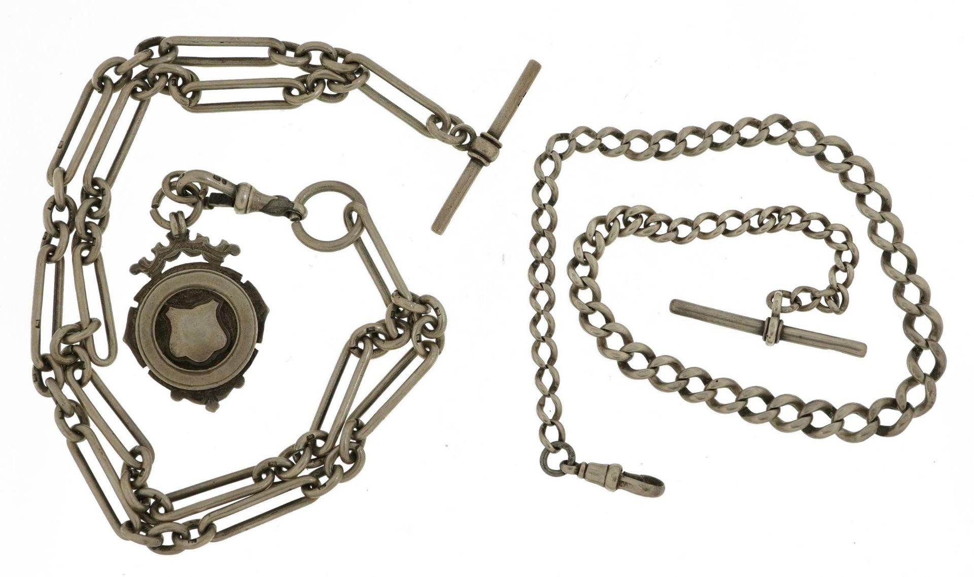 Two watch chains with T bars include a silver example with Edwardian jewel, the largest 34cm in - Image 2 of 4