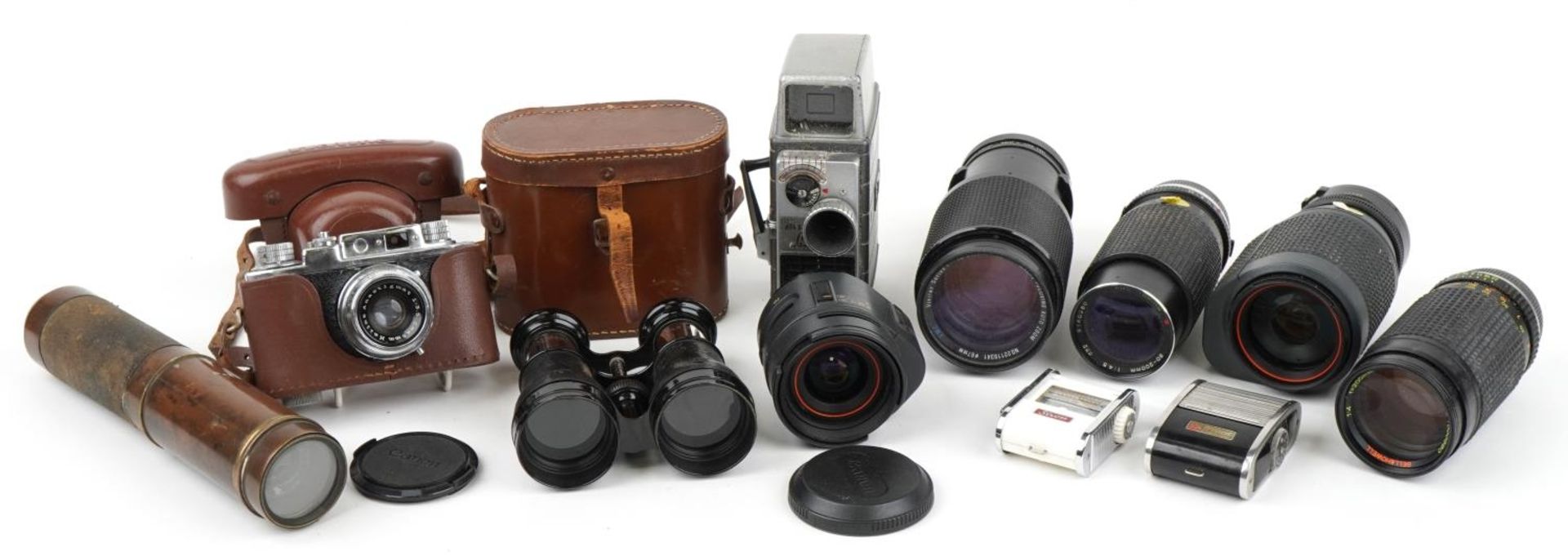 Vintage and later cameras, lenses, binoculars and brass three draw telescope including Bell &