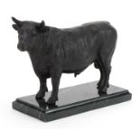 Bronze study of a bull raised on a rectangular marble base, 25cm wide