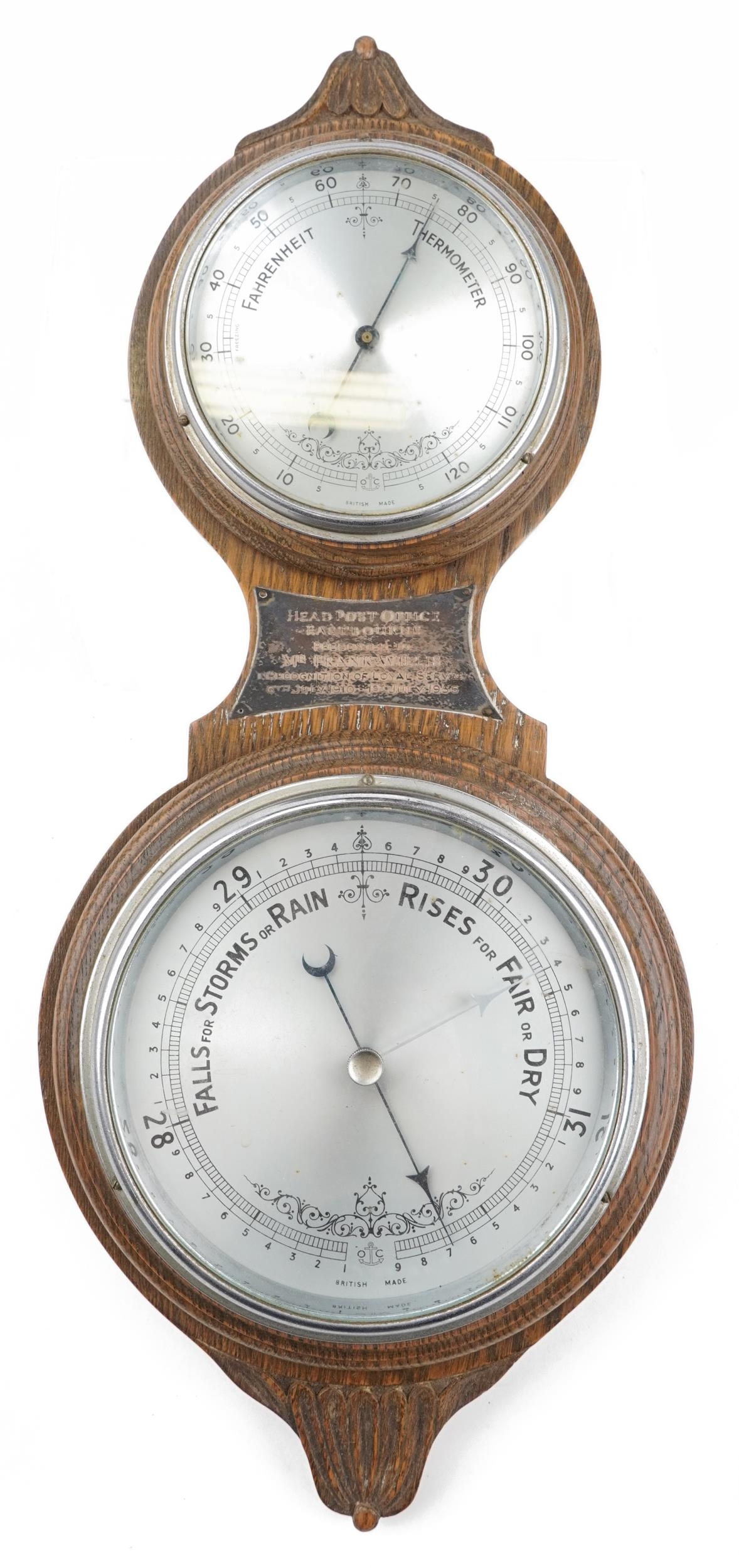 Mid 20th century oak wall barometer with thermometer having silvered dials and white metal plaque - Image 2 of 4