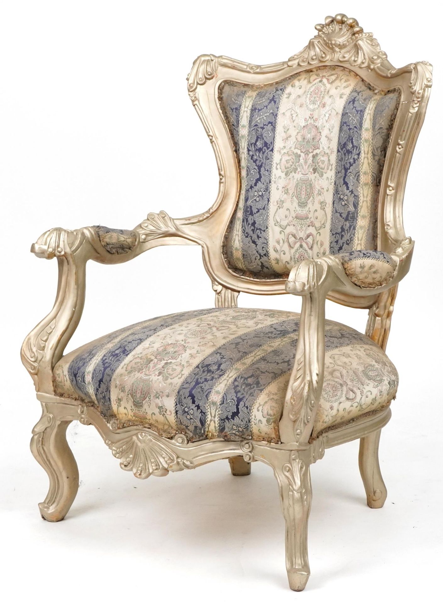 French style ornate gilt open armchair with blue and cream striped floral upholstery, 110cm high