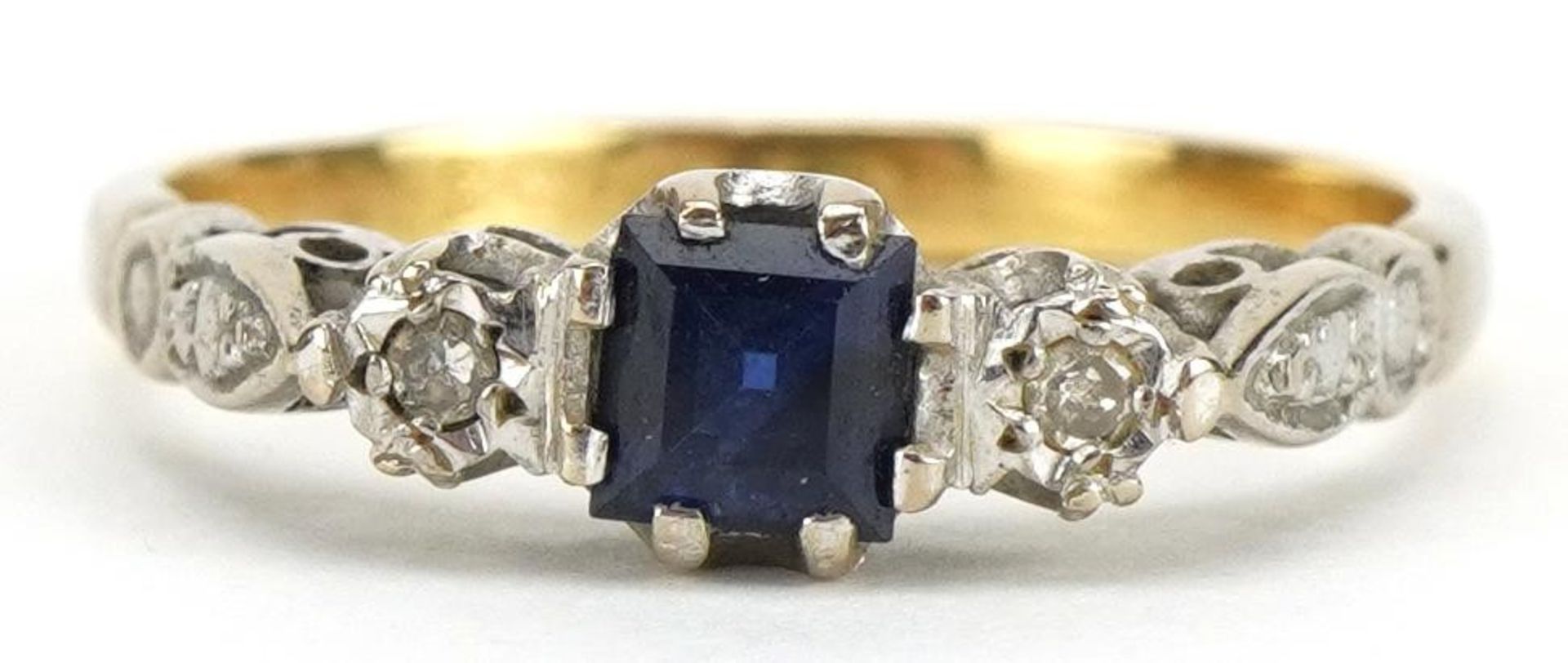 Art Deco style 18ct gold sapphire and diamond three stone ring, size L, 3.0g