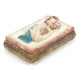 Goldschneider, Austrian pottery box and cover decorated in relief with a maiden, impressed 733 to