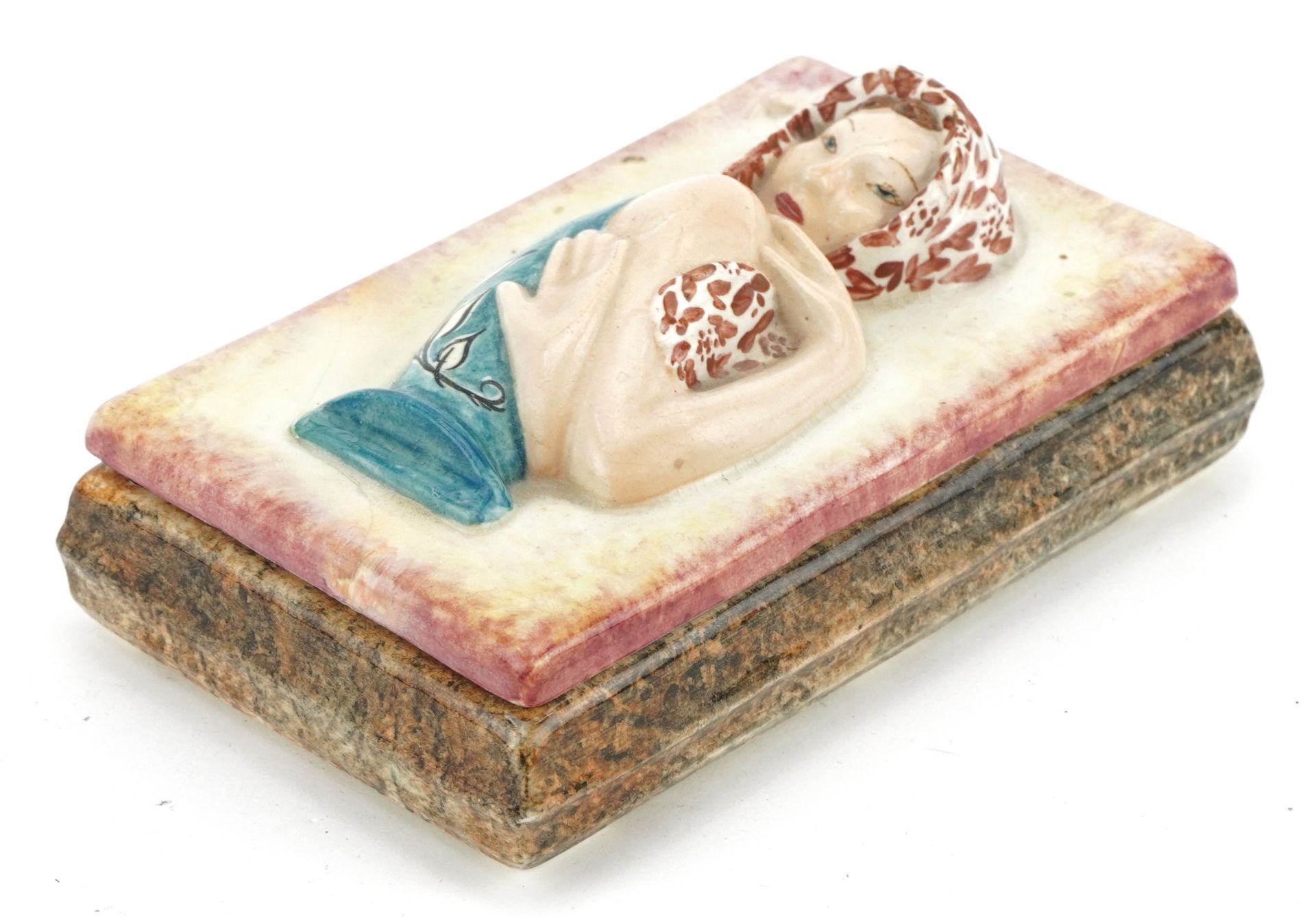 Goldschneider, Austrian pottery box and cover decorated in relief with a maiden, impressed 733 to