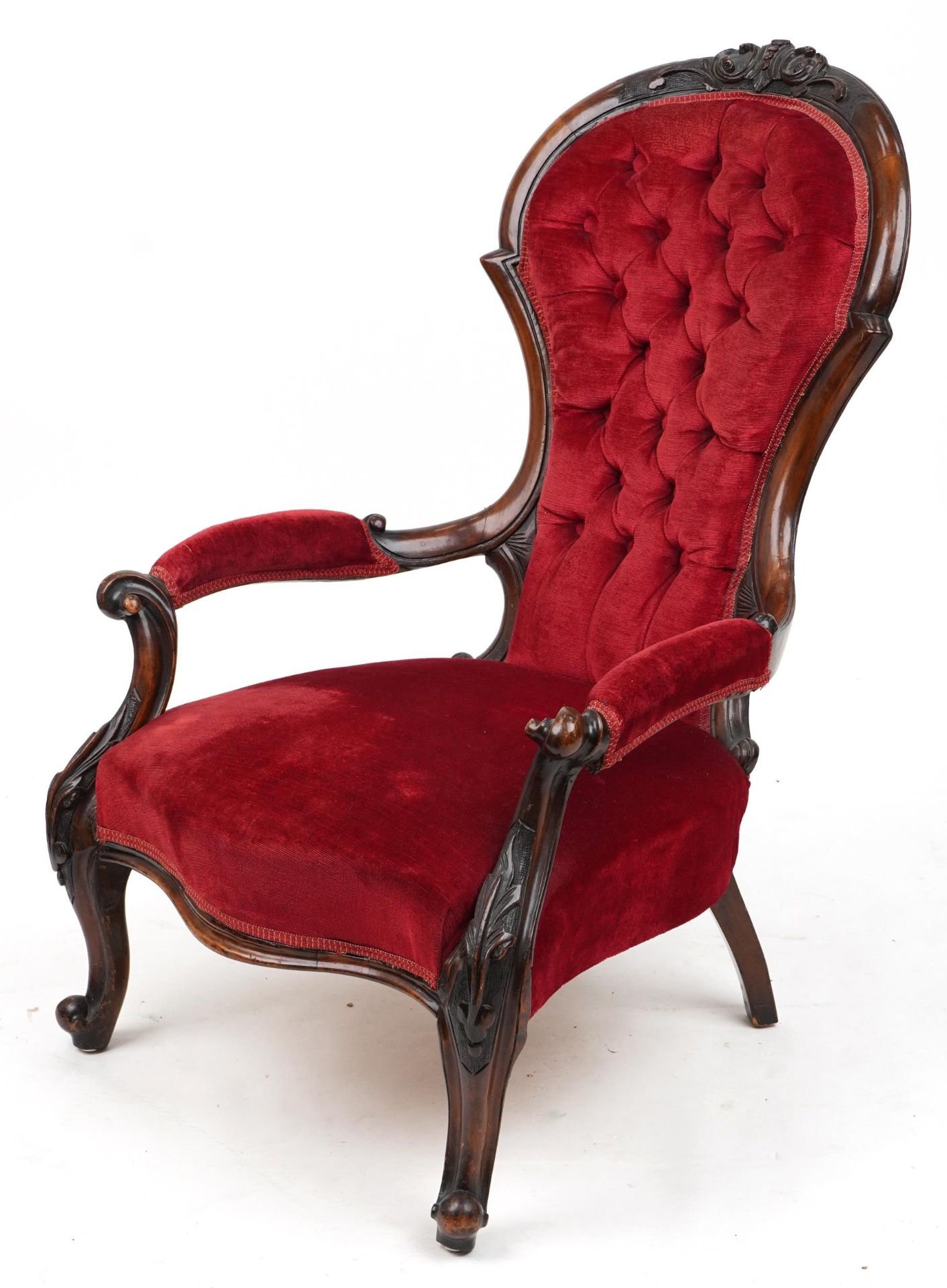 Victorian mahogany framed bedroom chair with red button back upholstery, 96cm high