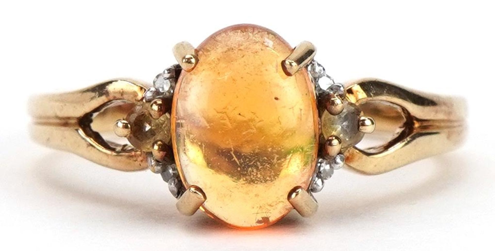 9ct gold cabochon opal solitaire ring with diamond and citrine shoulders, the opal approximately 8.