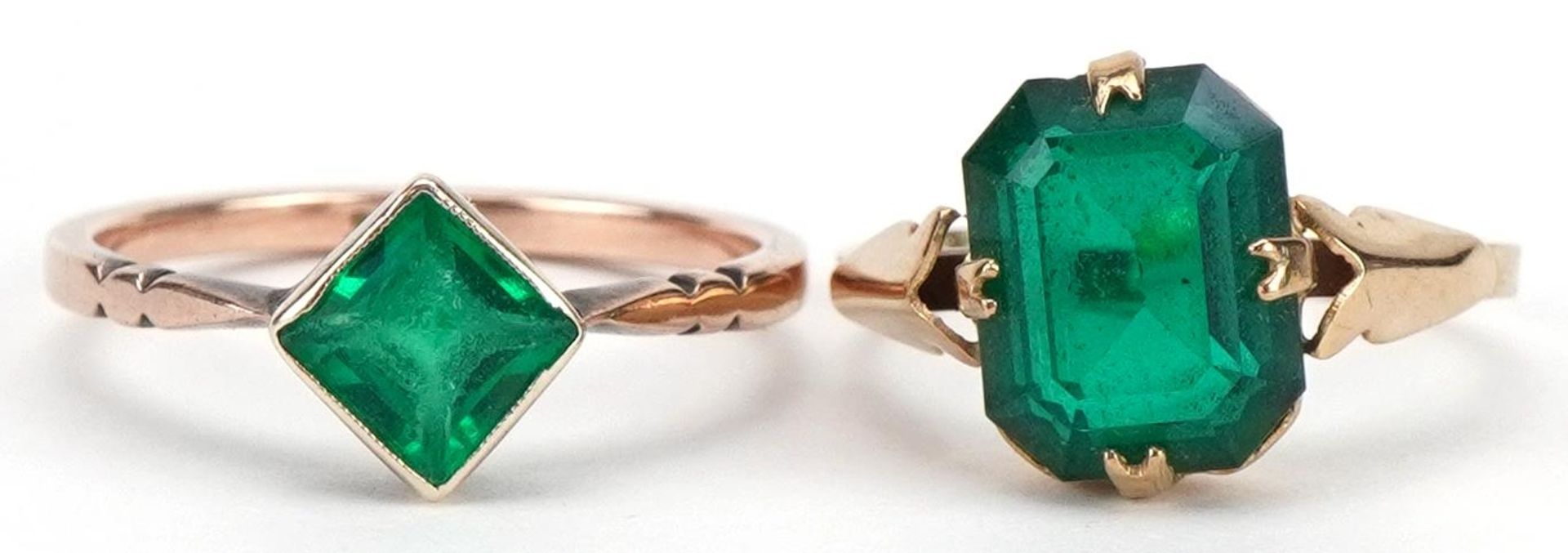 Two 9ct gold green stone rings including an Art Deco example, sizes J and M/N, total 3.5g