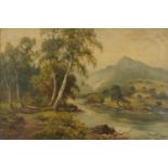 River landscape with woodland and bridge, 19th century oil, indistinctly monogrammed, possibly F