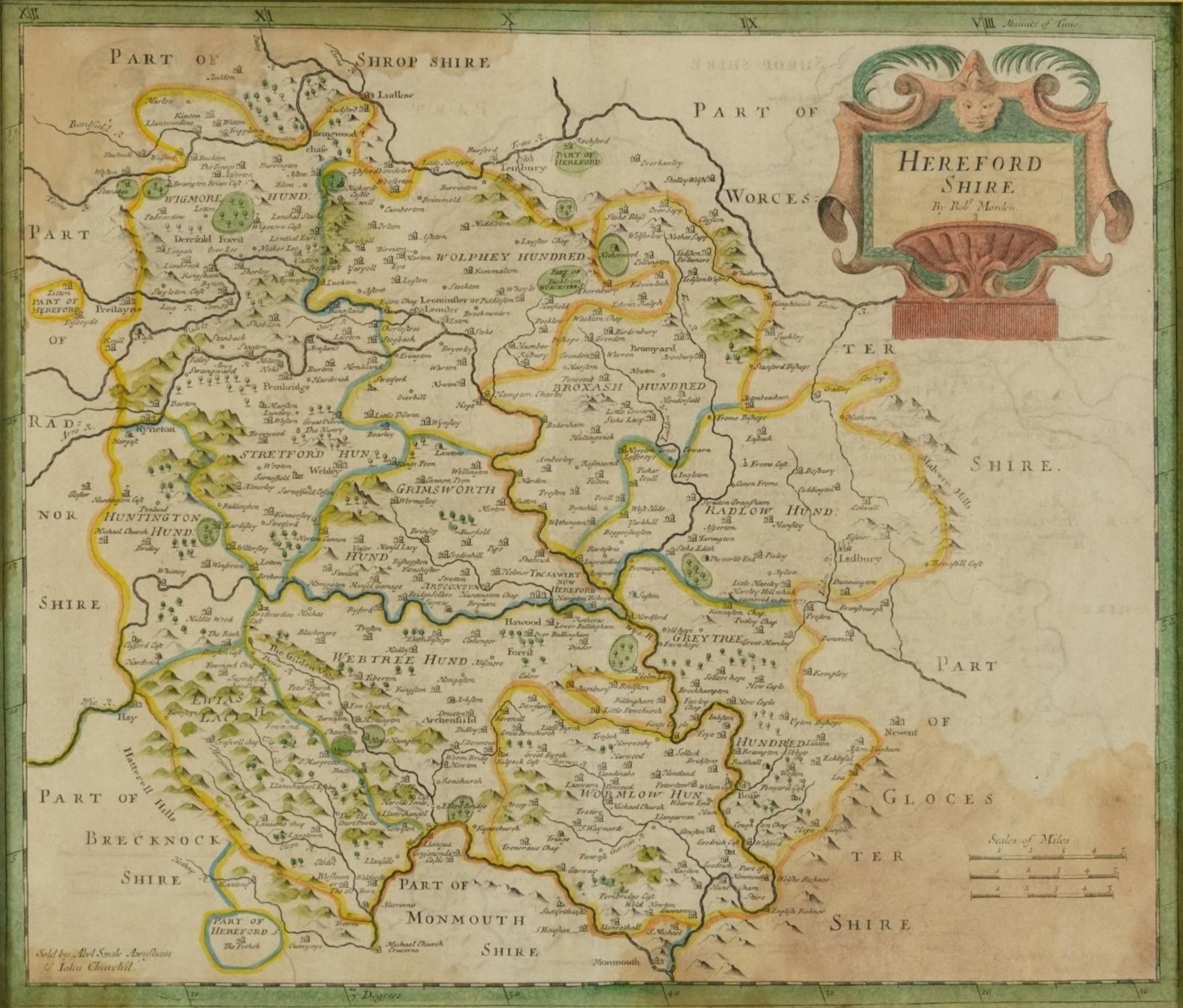 Three Robert Morden antique hand coloured maps comprising Herefordshire, Somersetshire and - Bild 2 aus 15