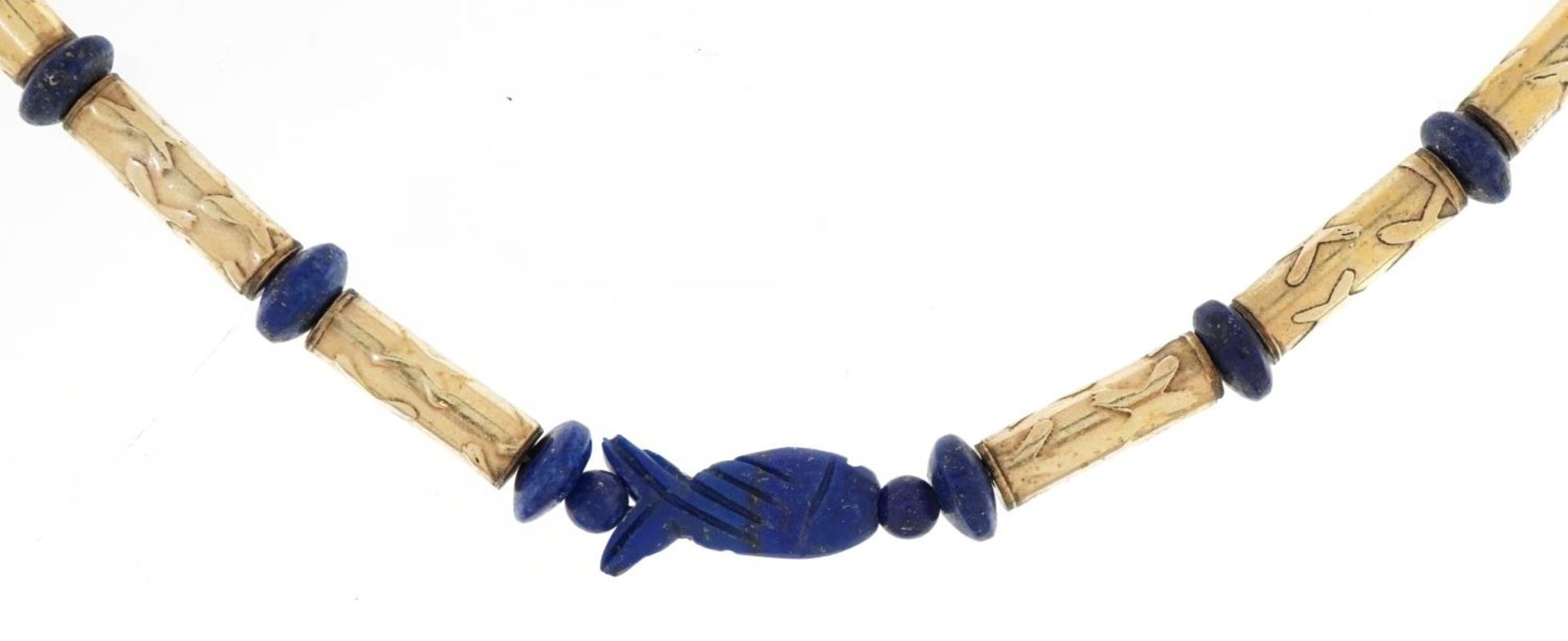 Egyptian style unmarked gold bead and carved lapis lazuli necklace, tests as 14ct gold, total 29.8g