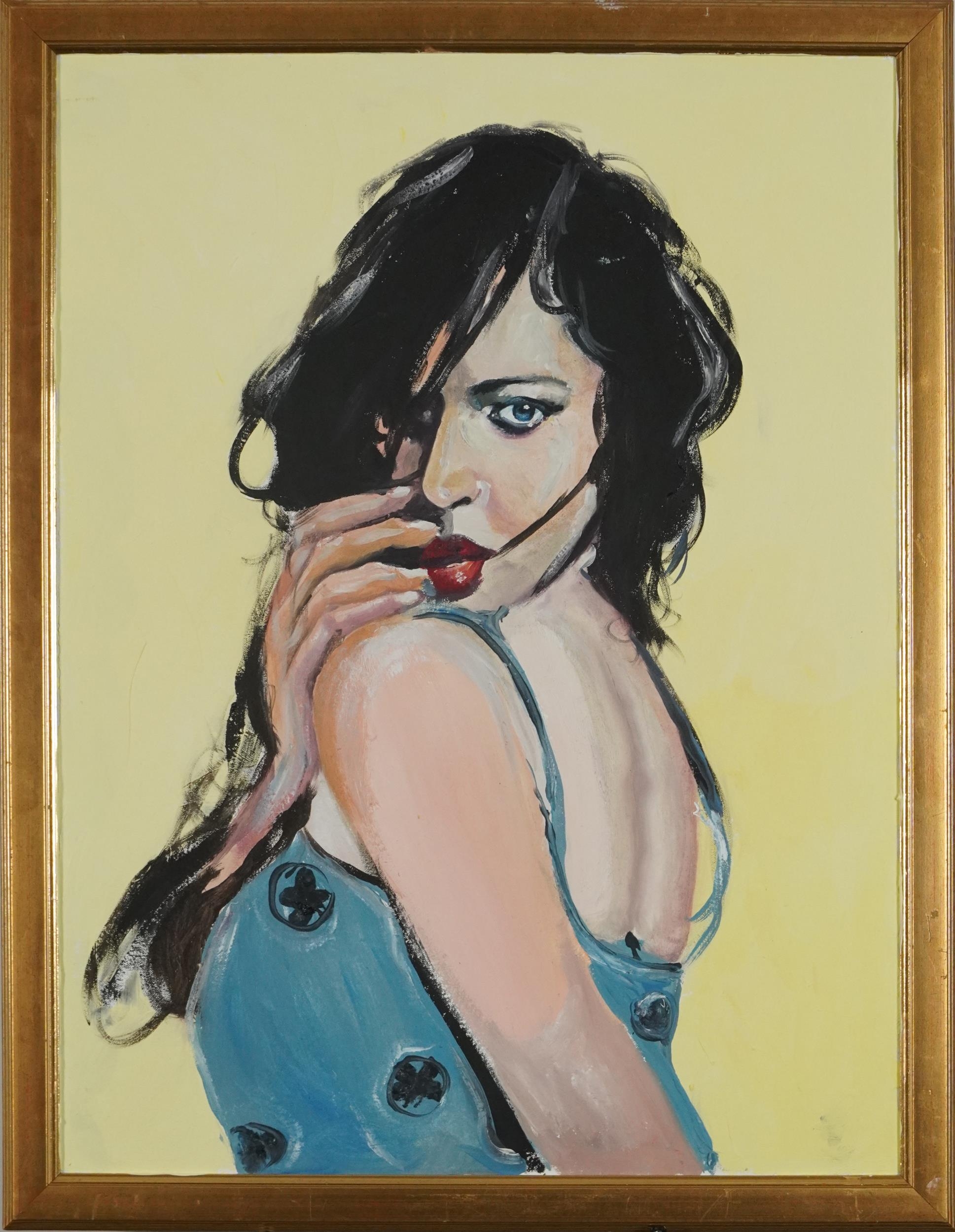 Clive Fredriksson - Portrait of a female wearing a blue dress, oil on board, framed, 60cm x 45cm - Image 2 of 3