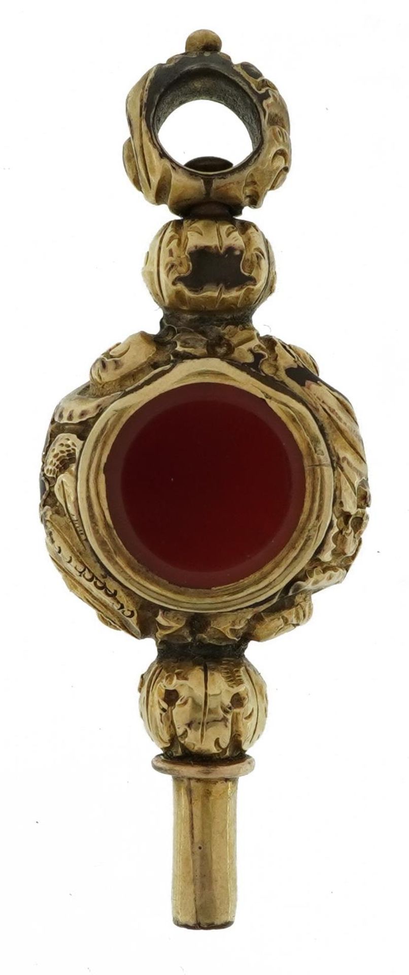 Antique unmarked gold carnelian watch key tests as 15ct gold, 4.5cm in length, 8.6g