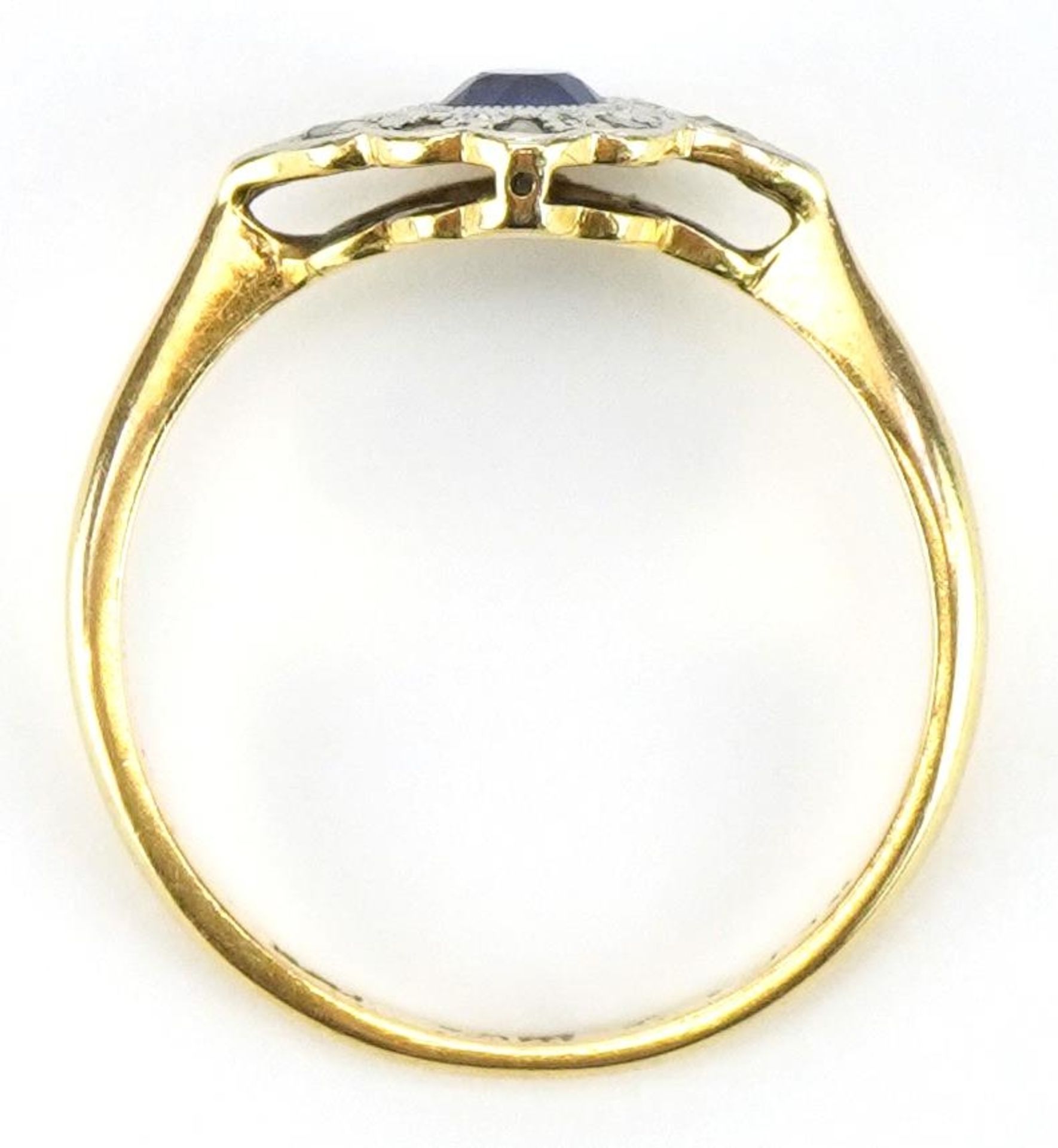 Art Deco 18ct gold and platinum sapphire and diamond crossover ring, the sapphire approximately 3. - Image 3 of 5