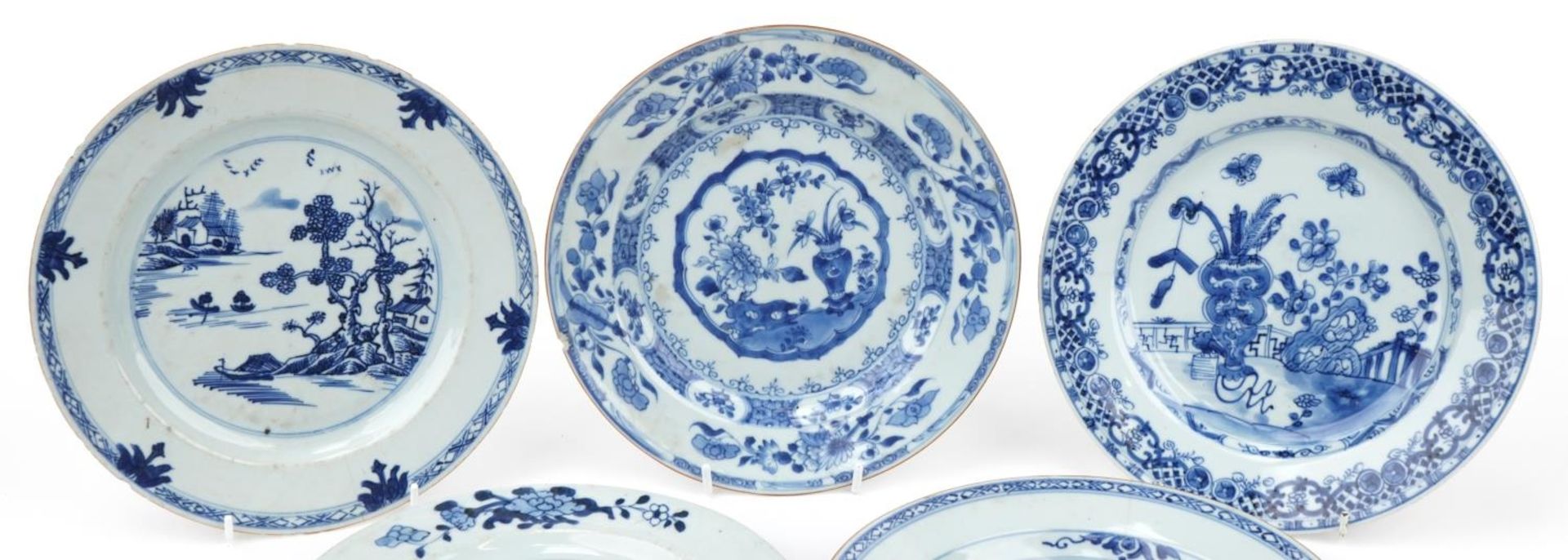 Four Chinese blue and white porcelain plates and a soup bowl hand painted with a fisherman in a - Bild 3 aus 8