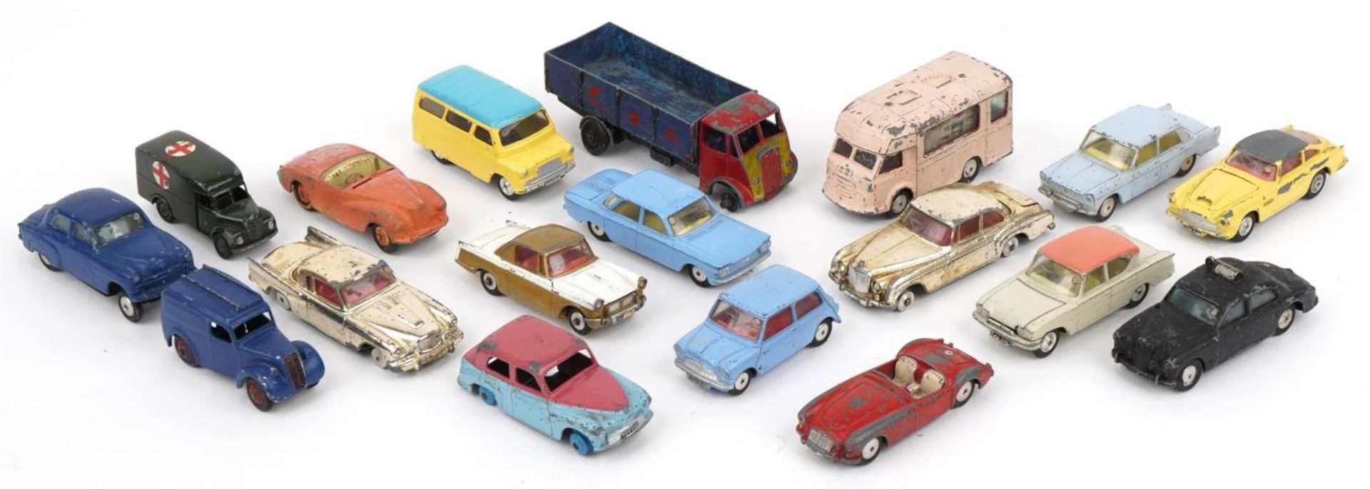 Collection of vintage Dinky and Corgi diecast vehicles including Guy, Vauxhall Velox and Hillman