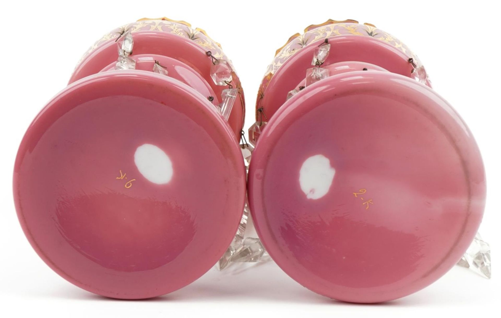 Pair of 19th century pink opaline glass lustres with drops enamelled and gilded with flowers, each - Image 3 of 4