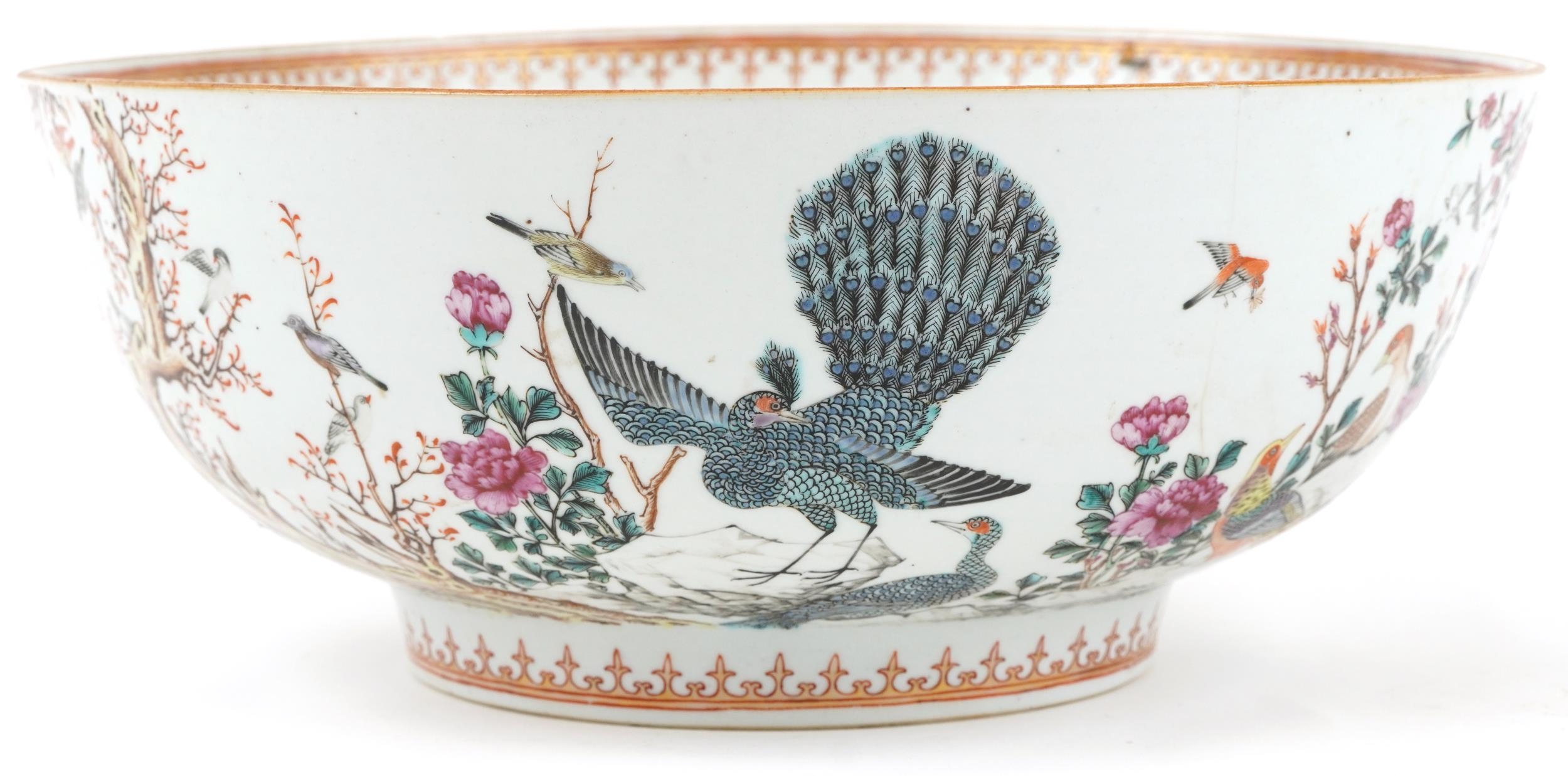 Chinese Mandarin porcelain punch bowl hand painted in the famille rose palette with birds of