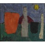 Abstract composition, still life vessels, impasto oil on board, inscribed verso, framed and