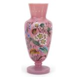 19th century French pink opaline glass vase hand painted with flowers