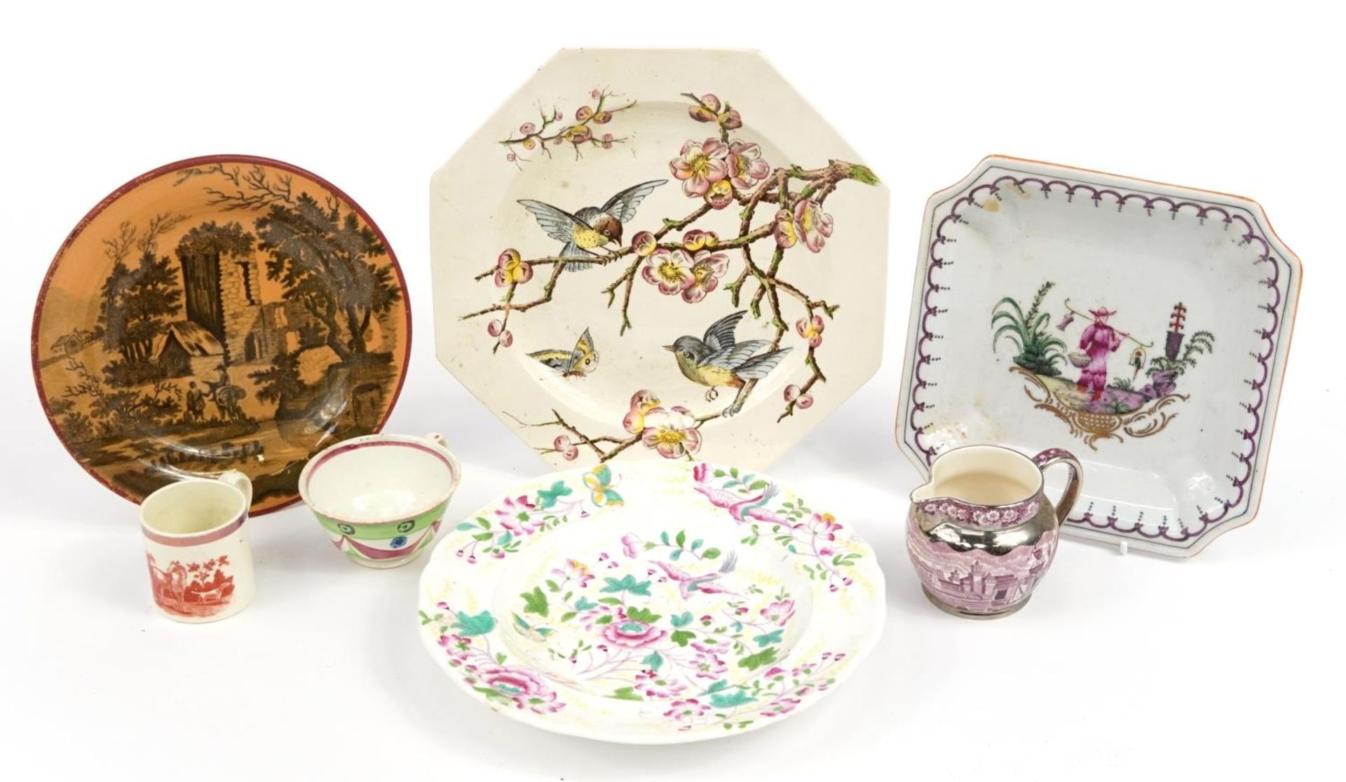 Victorian and later ceramics including Eton aesthetic plate decorated with birds amongst flowers and