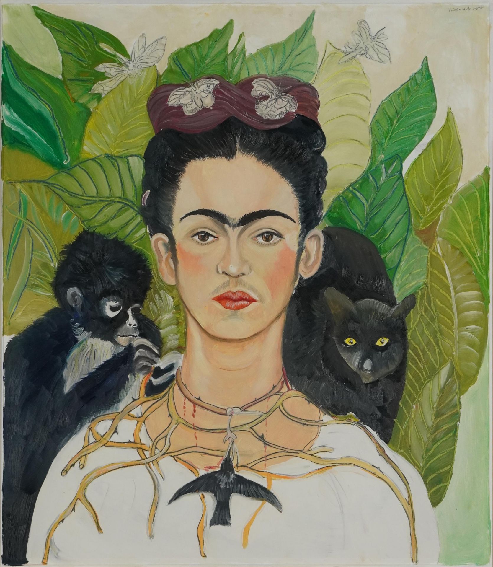 Clive Fredriksson, in the manner of Frida Kahlo - Portrait with monkey and cat, oil, mounted, framed - Bild 2 aus 8