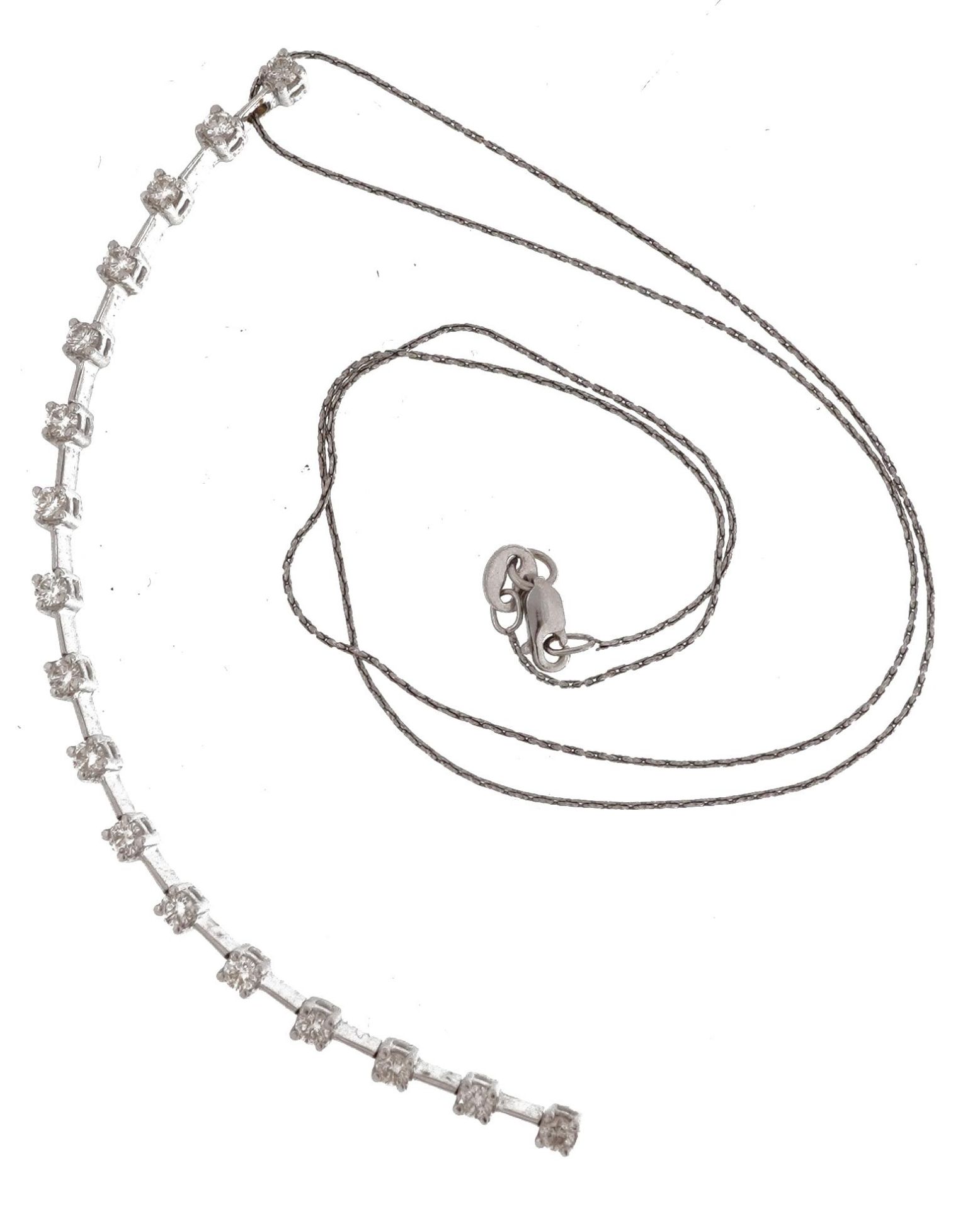 18ct white gold diamond line pendant set with seventeen diamonds on an 18ct white gold necklace, - Image 3 of 7
