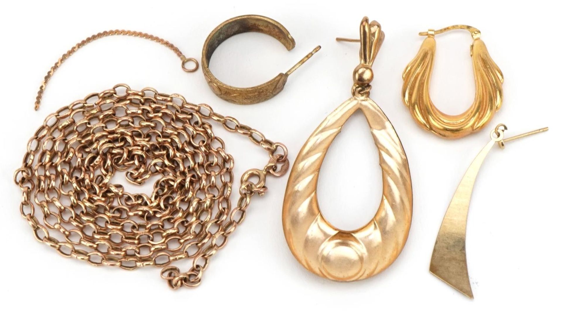 9ct gold and yellow metal jewellery including broken Belcher link necklace and hoop earring, total - Bild 2 aus 2
