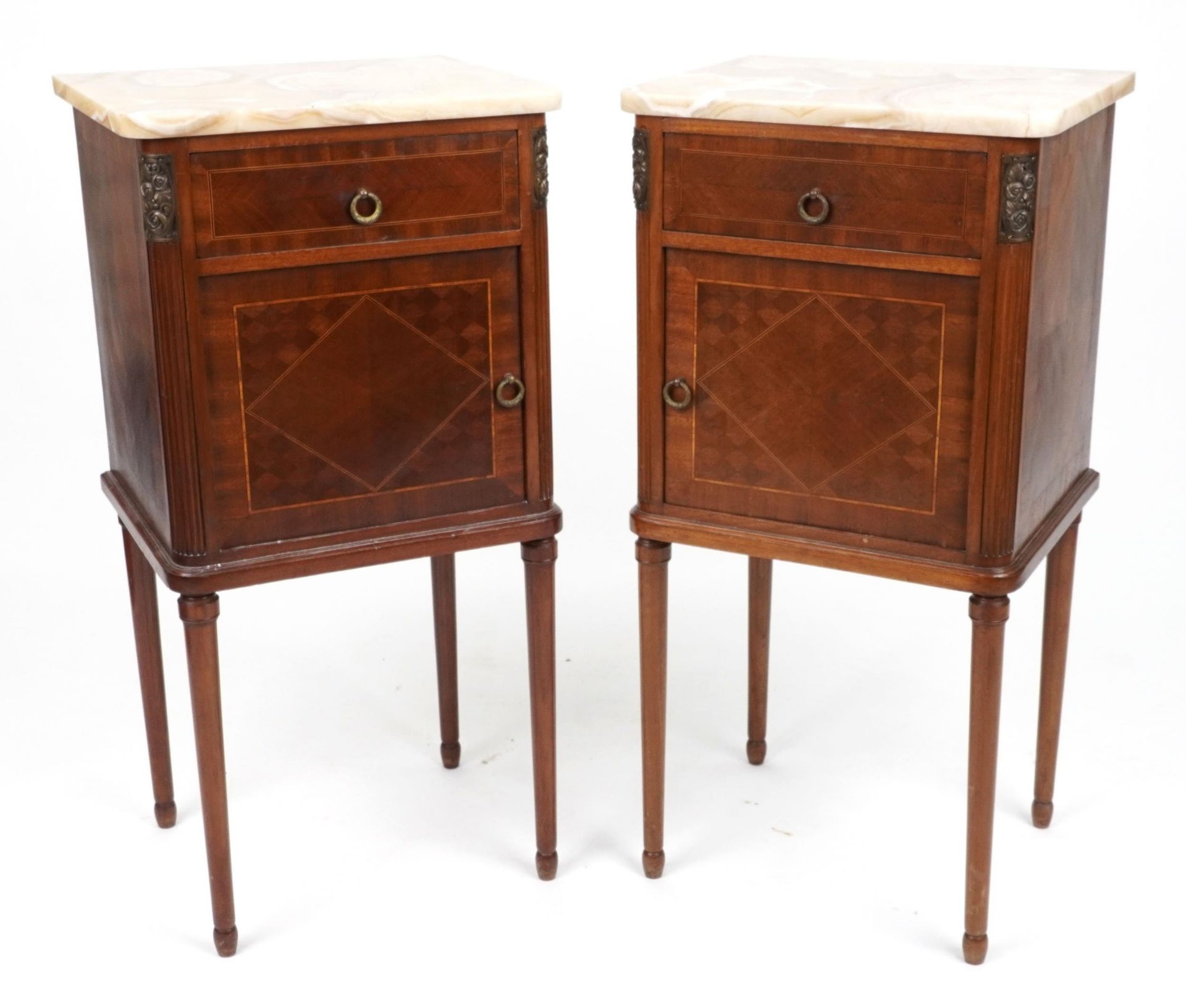 Pair of French inlaid mahogany nightstands with marble tops and brass mounts, 90cm H x 45cm W x 37cm