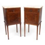 Pair of French inlaid mahogany nightstands with marble tops and brass mounts, 90cm H x 45cm W x 37cm
