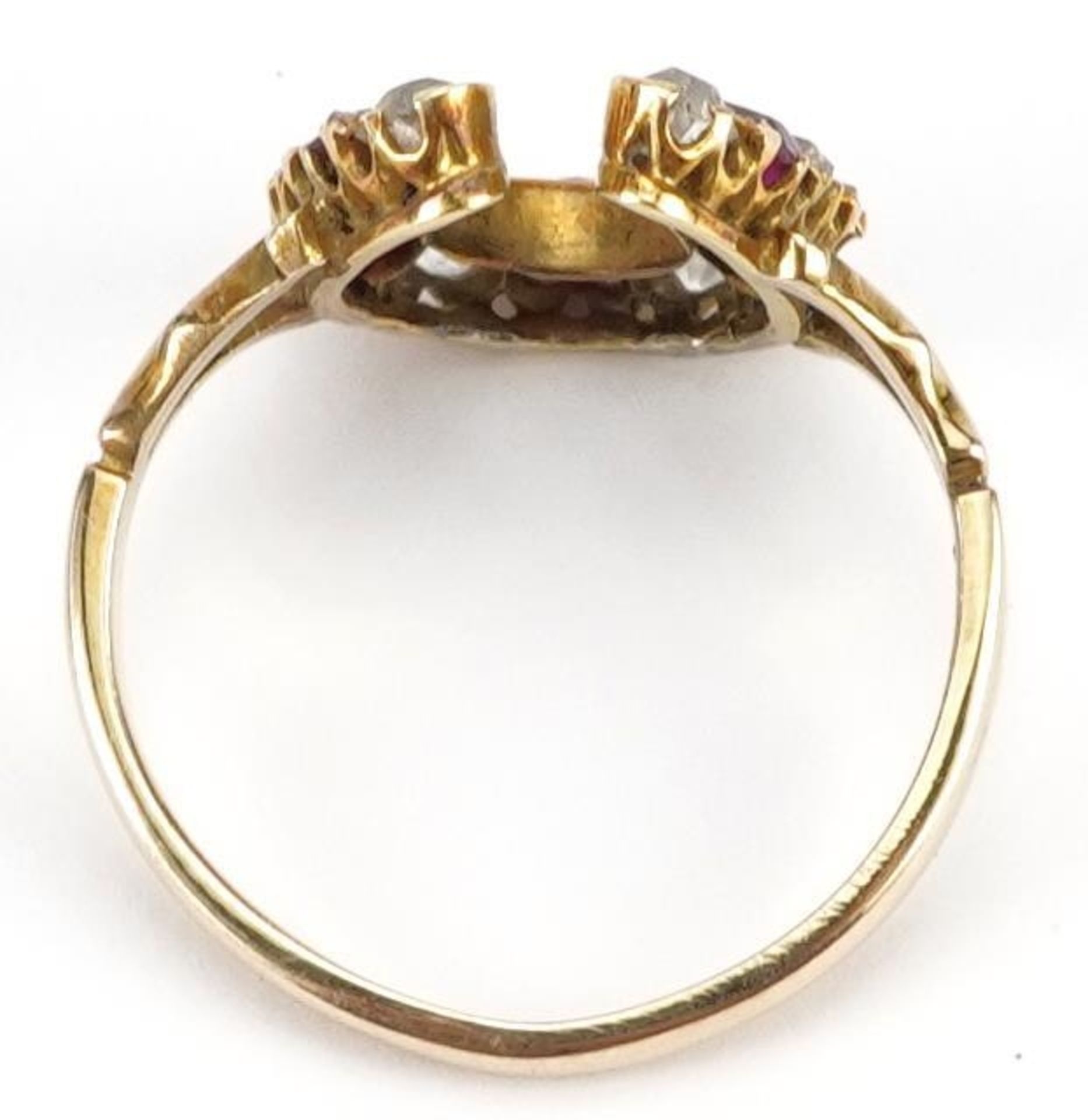 19th century unmarked gold diamond and ruby horseshoe ring, tests as 18ct gold, the largest - Image 3 of 3