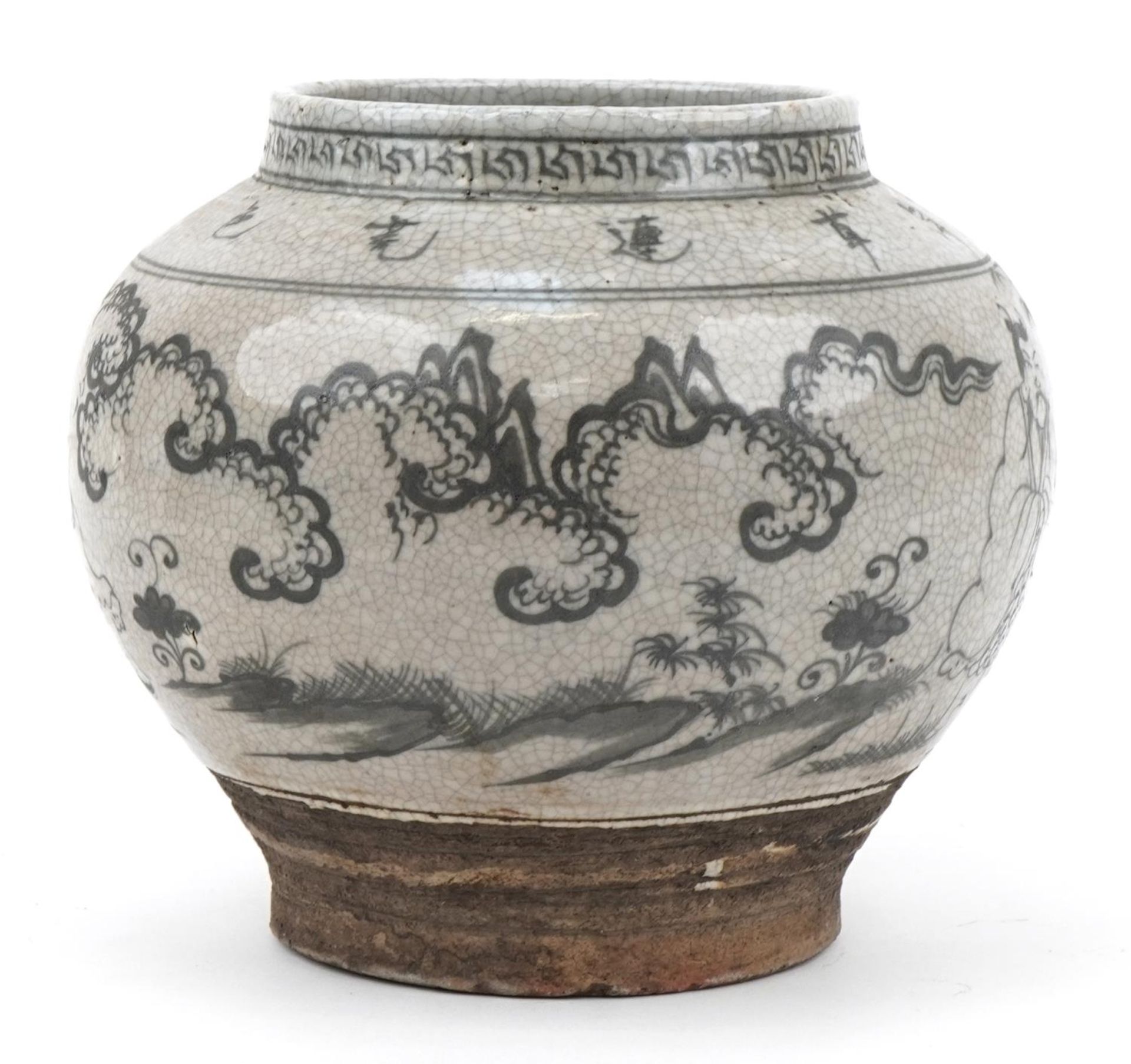 Chinese archaic style baluster jar hand painted with immortals in a landscape, 22cm high - Image 4 of 6