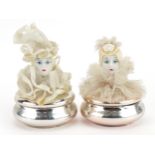 Two vintage Pierrot silver lustre china powder pots and covers with lace frills and hats, 12cm high