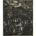 Eric Ravilious - Church under a hill, wood engraving, various inscriptions verso including Published