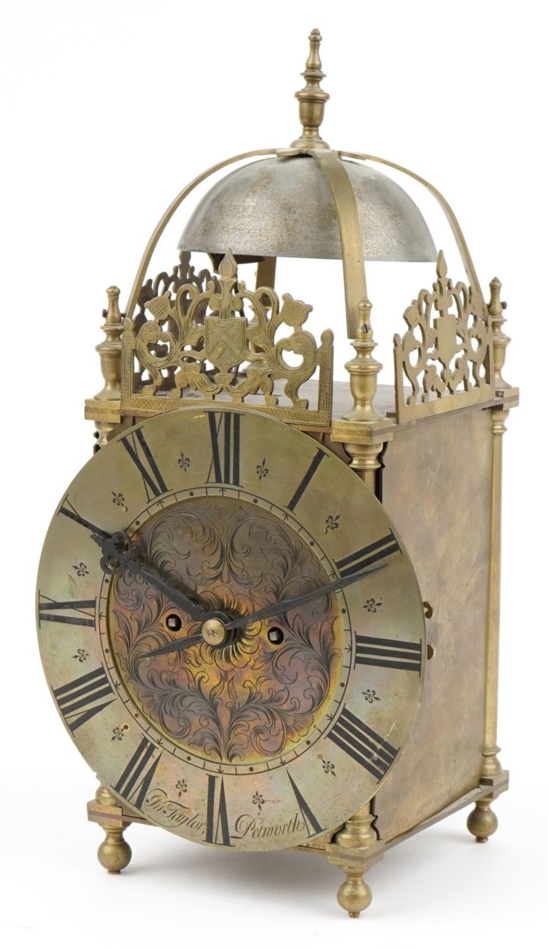 18th century style brass lantern clock with twin fusee movement and circular chapter ring having