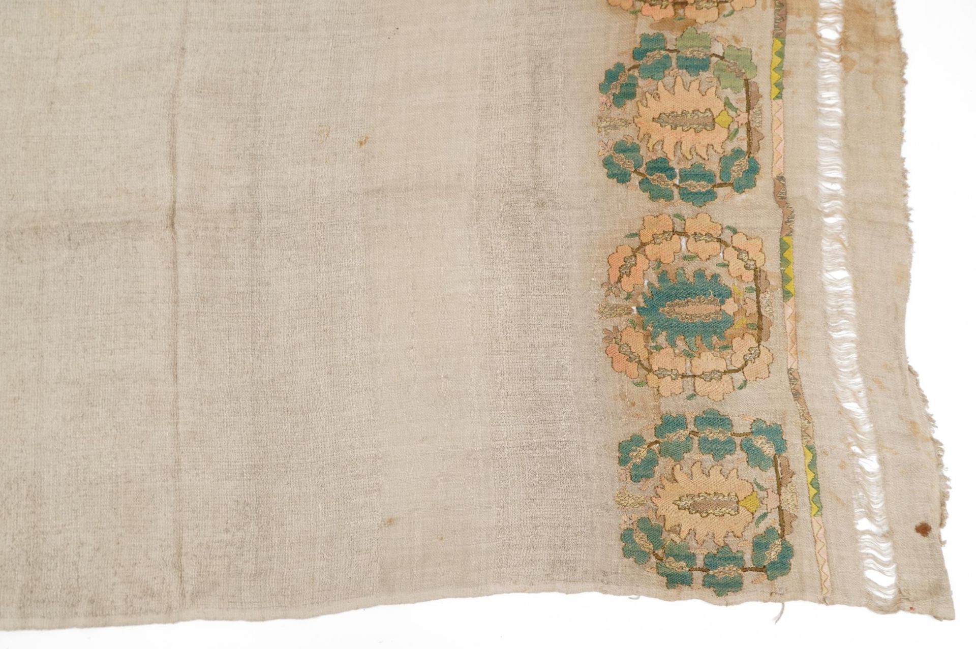 Turkish Ottoman Yaghk cotton and silk textile embroidered with flowers, 130cm x 66cm - Image 10 of 12