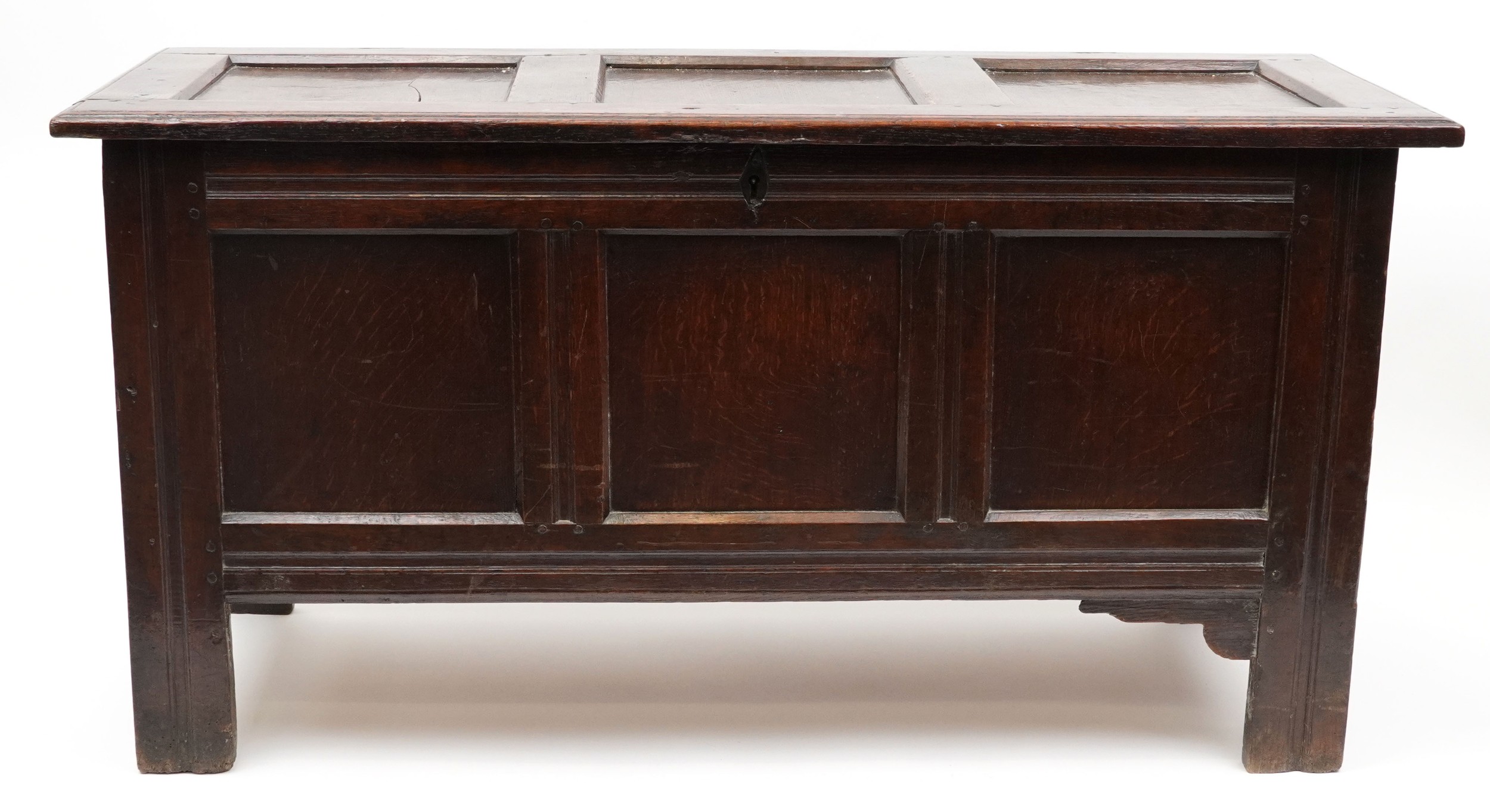 Late 17th century oak three panel coffer, 67cm H x 133cm W x 50cm D