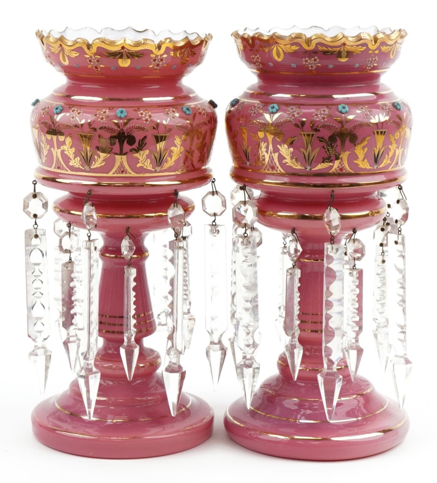 Pair of 19th century pink opaline glass lustres with drops enamelled and gilded with flowers, each - Image 2 of 4
