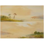 E Lewis - Mountainous river landscapes with figures and boats, pair of 19th century heightened